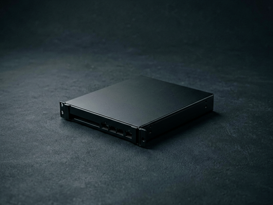 A sleek, minimalist server rack component being streamlined against a dark background