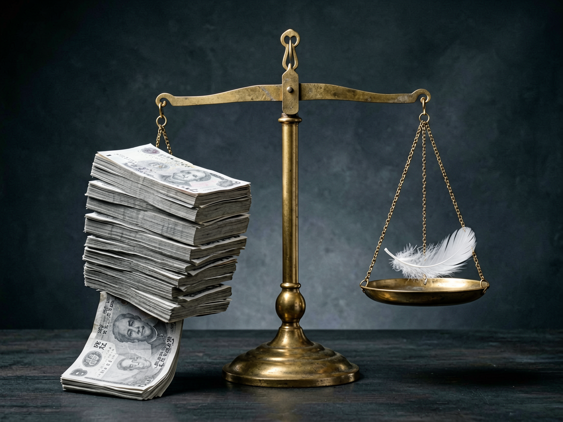 A balance scale with a heavy stack of paper tokens outweighing a small feather, symbolizing high cost for low return