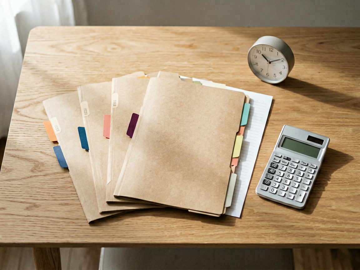 A top-down view of a desk with open folders, color-coded tabs, a small clock, and a calculator, evoking the disciplined data-verification process behind the AI 