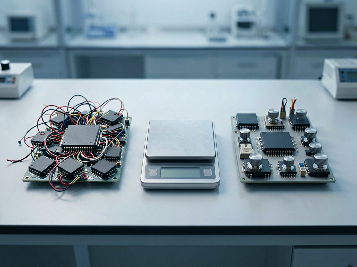 A controlled test bench scene with two AI model prototypes: one chaotic and merged, the other precise and fine-tuned, symbolizing the article's findings.