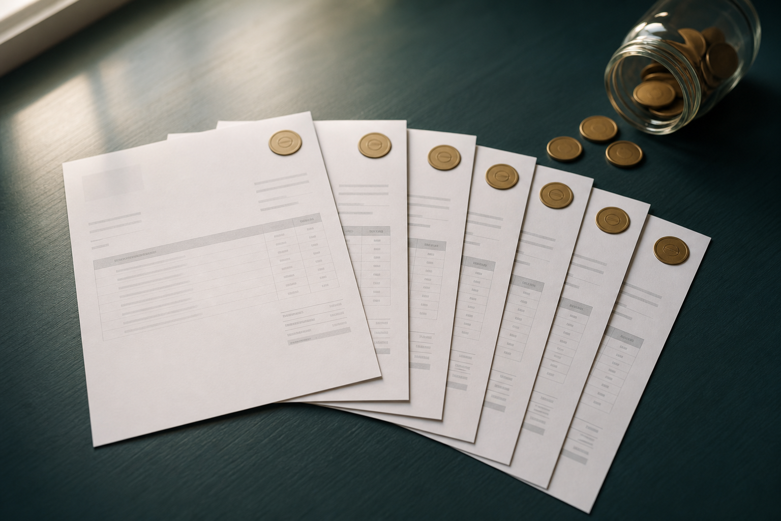 A desk with stacked invoices and small token-like discs, one invoice enlarged to show repeated line items.