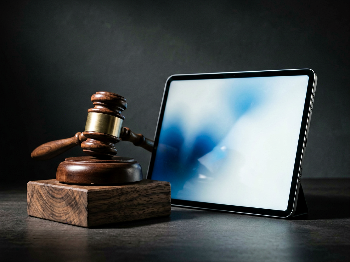 A gavel striking a block next to a blurred digital interface, symbolizing legal enforcement against AI