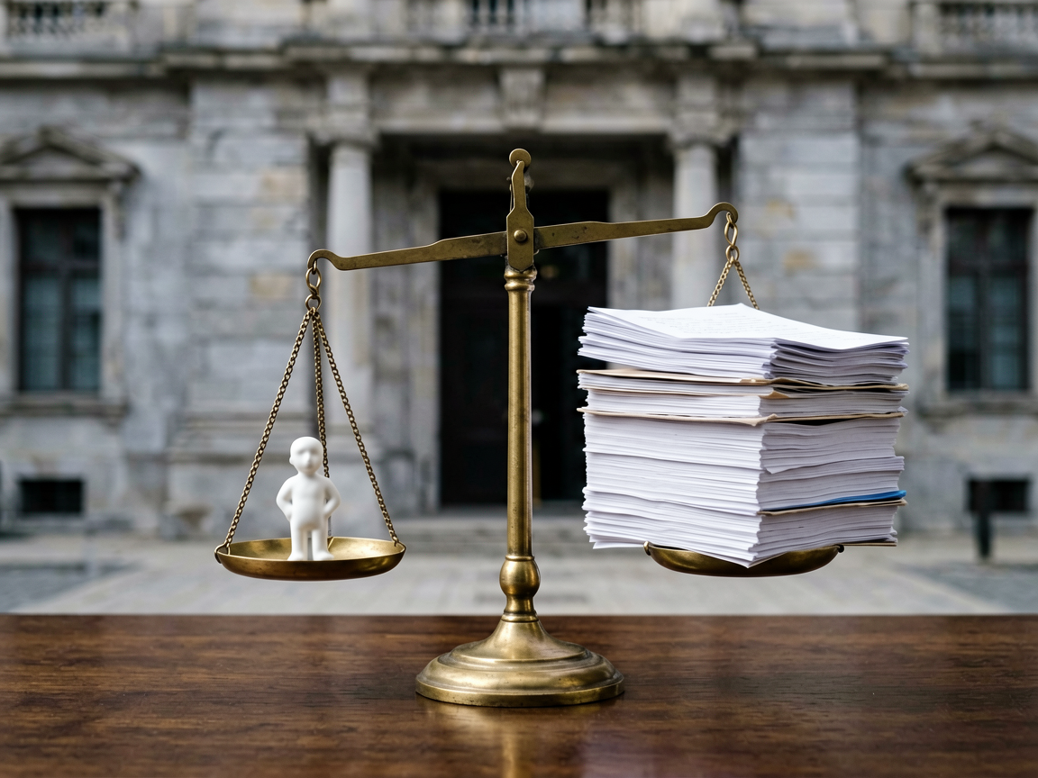 A heavy stack of official-looking compliance documents weighing down a small, fragile scale against a backdrop of blurred European architecture