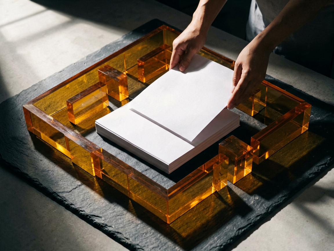 A conceptual editorial image showing a sleek business document navigating a complex maze of red tape and shifting barriers, symbolizing regulatory compliance ch