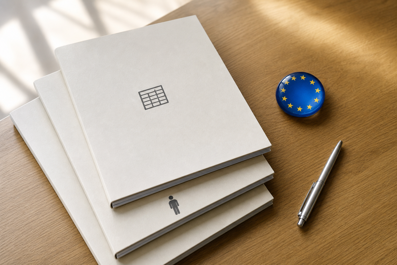 Three stacked compliance documents on a desk, with symbols representing data, risk, and human oversight.