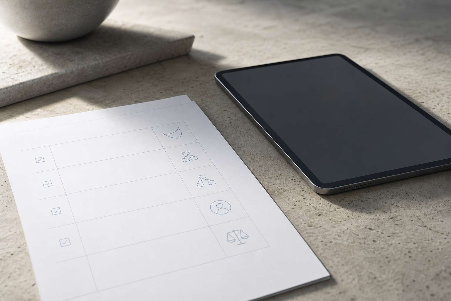 A minimalist editorial still life representing regulatory compliance and risk assessment
