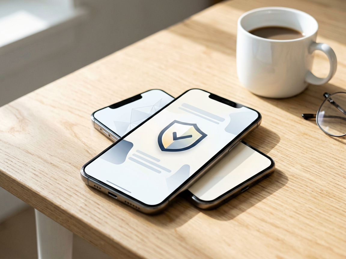 A close-up of a modern smartphone displaying a digital ID card with a subtle watermark icon, resting on a clean desk next to a coffee cup, symbolizing AI conten