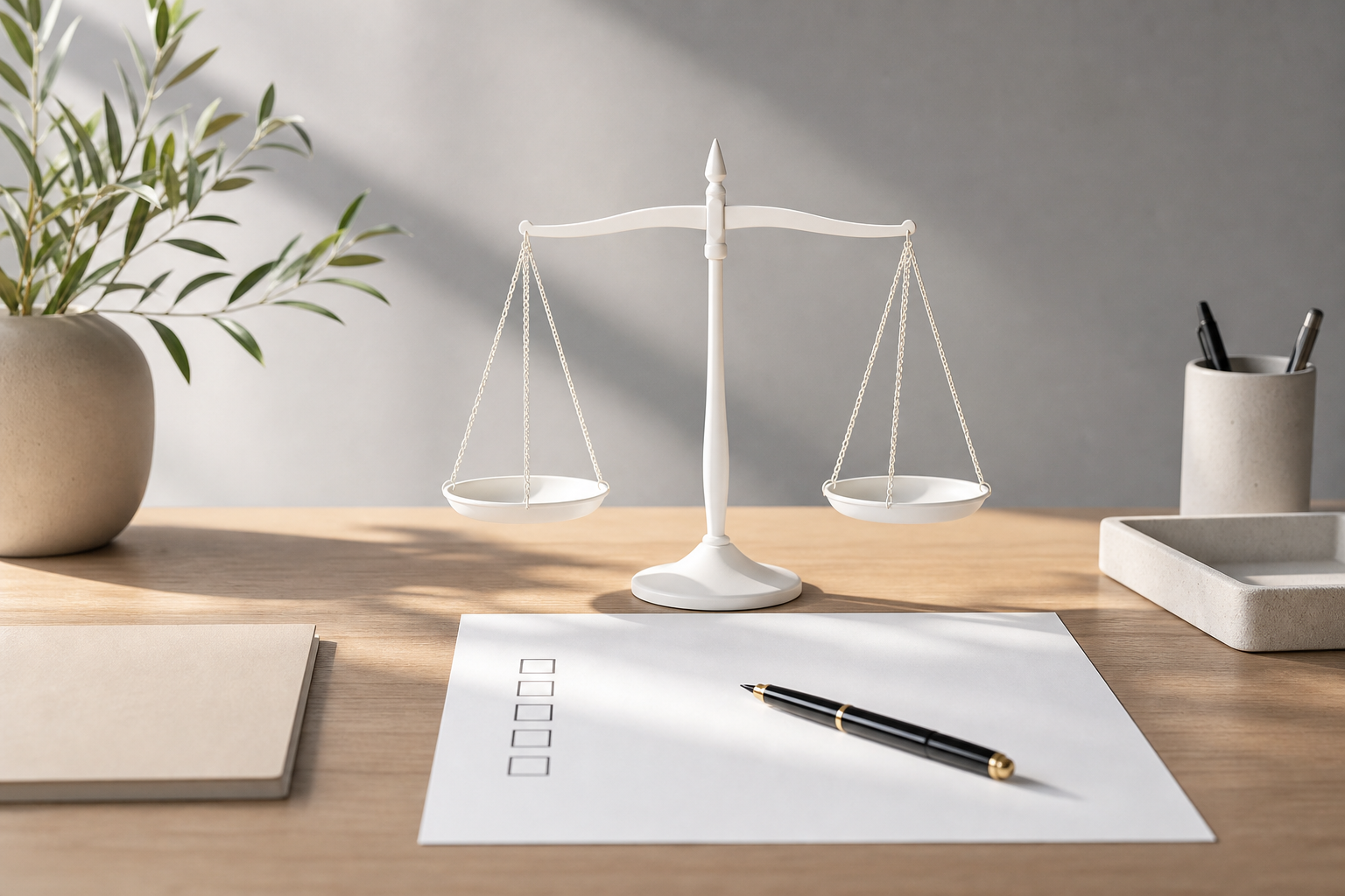 A minimalist desk scene showing a structured checklist and a balanced scale, symbolizing regulatory compliance and risk assessment.
