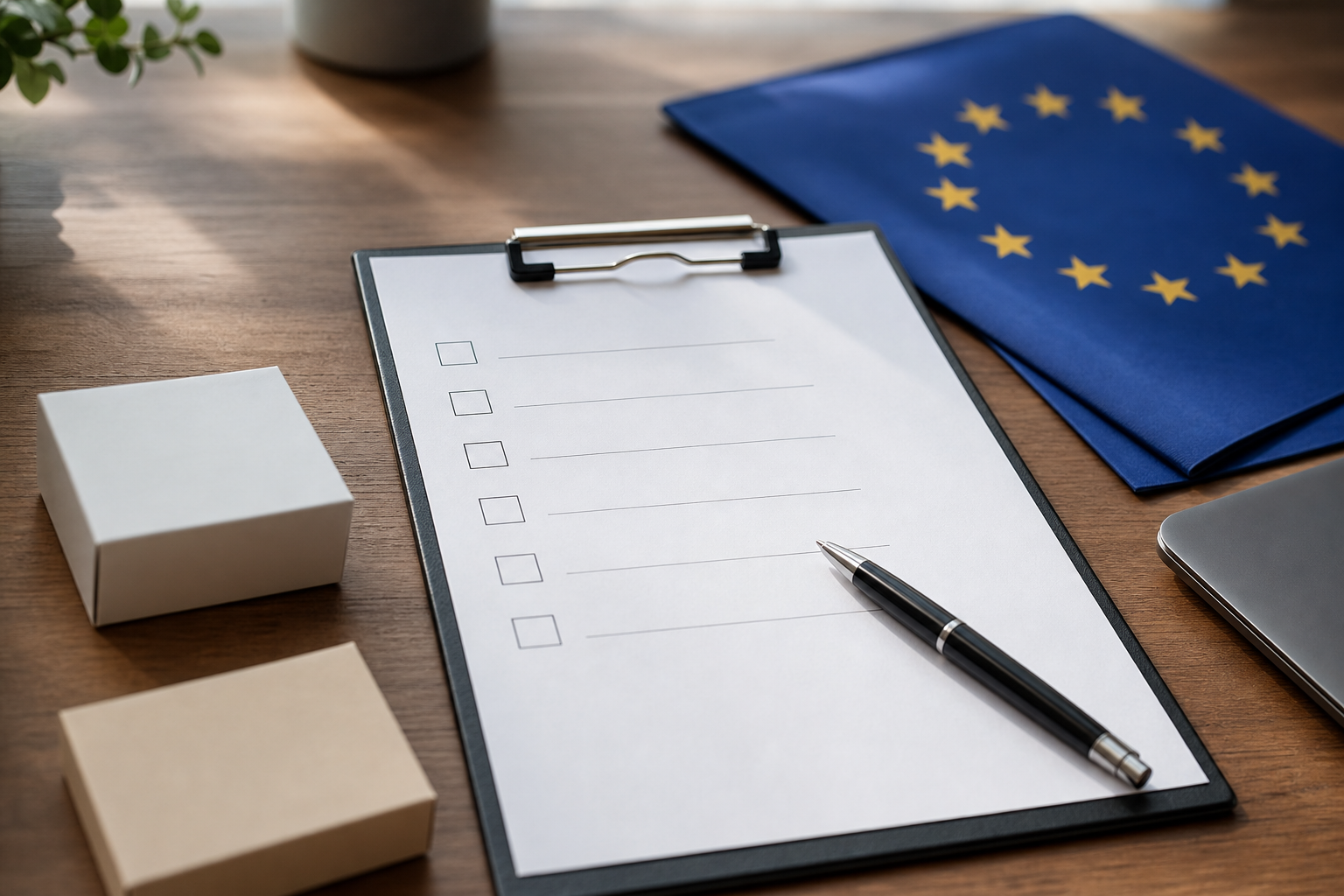 A desk with a clipboard checklist, two AI model boxes labeled Llama 4 and Mistral, and an EU document, representing AI compliance review.
