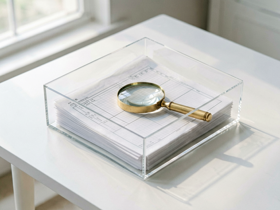 A detailed editorial still life showing a transparent glass document folder containing organized files and a magnifying glass, symbolizing data audit and compli