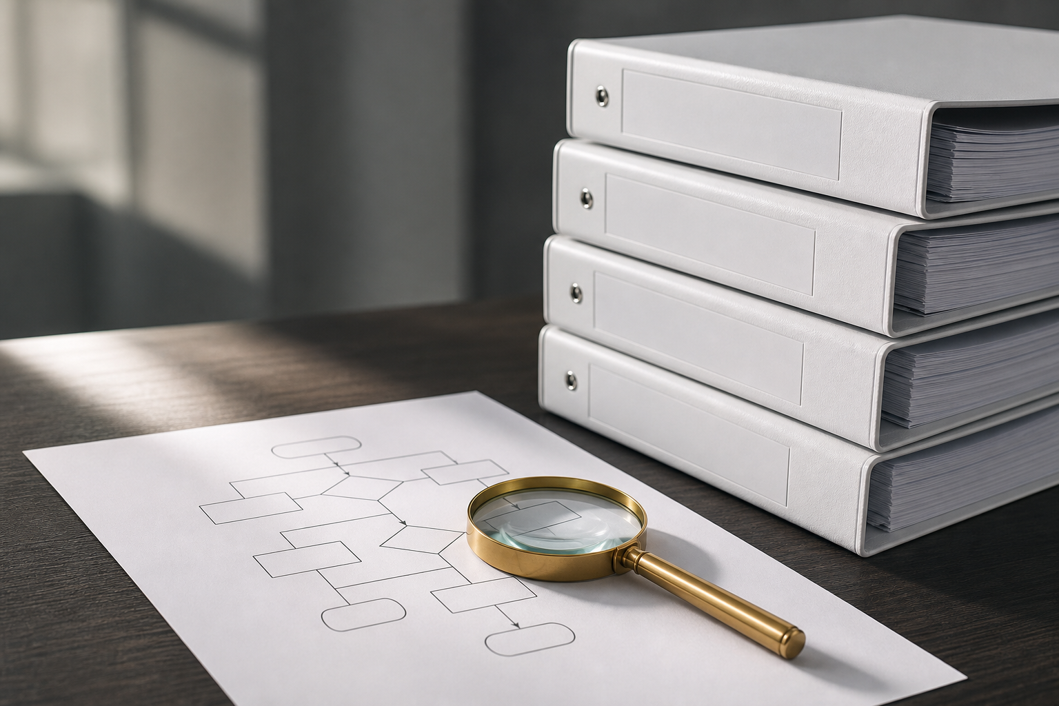 A clean, high-end editorial still life of organized compliance documents and a magnifying glass on a desk