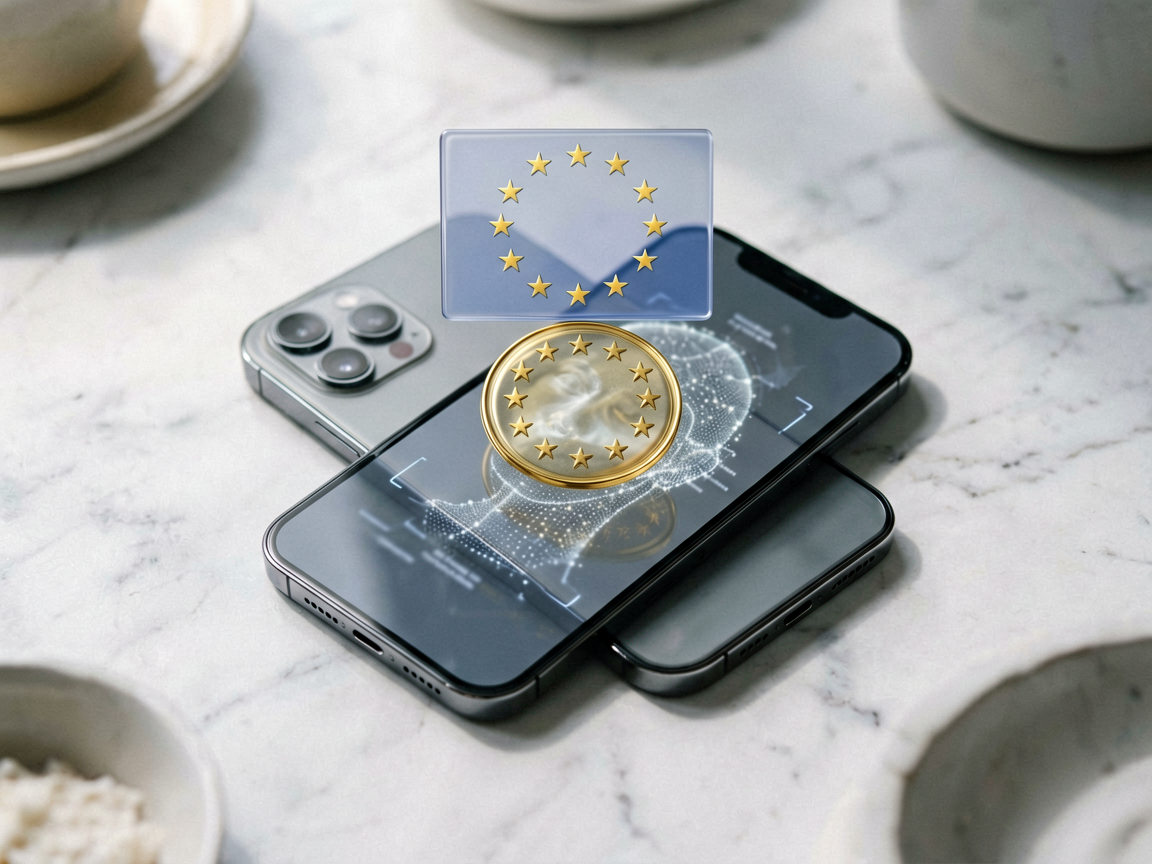 Abstract representation of biometric data being scanned and restricted by a European regulatory seal