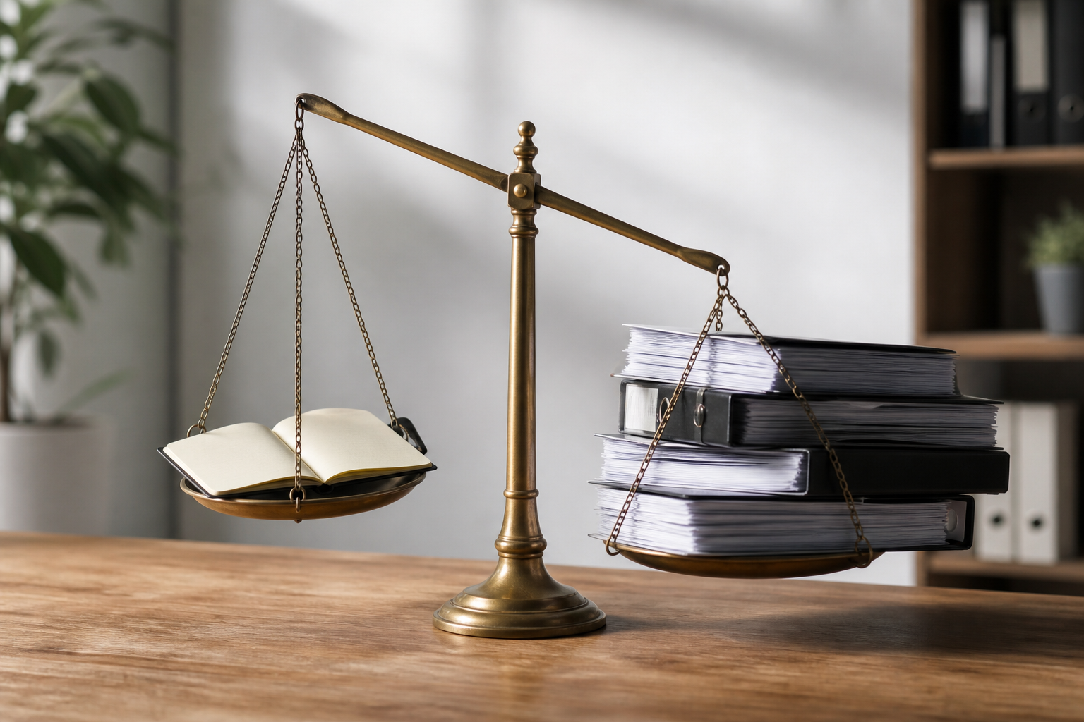 A balanced scale weighing a small notebook against a heavy stack of legal documents