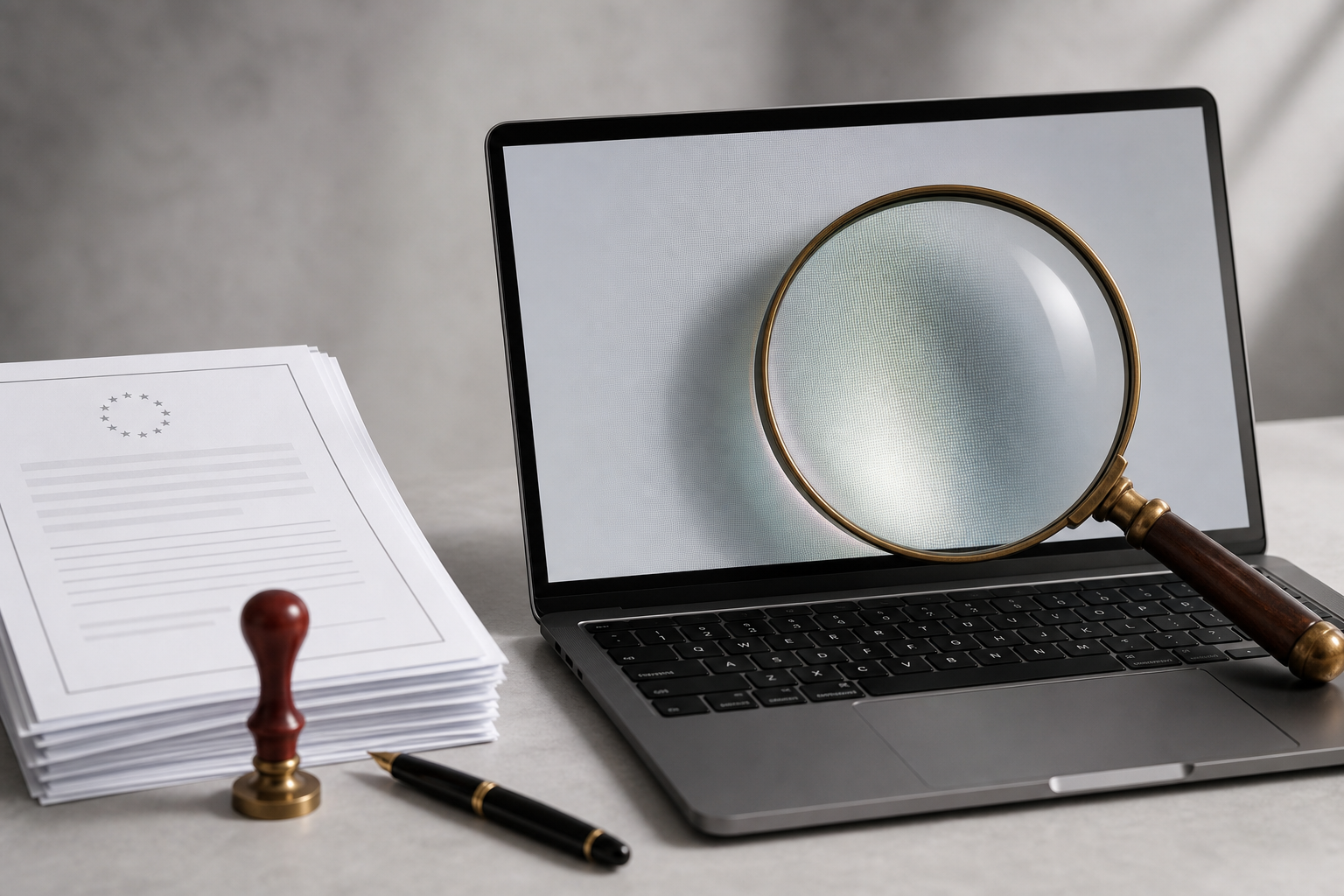 Editorial still life of a laptop surrounded by EU-style regulatory documents and a magnifying glass, symbolizing compliance scrutiny on SaaS AI features.