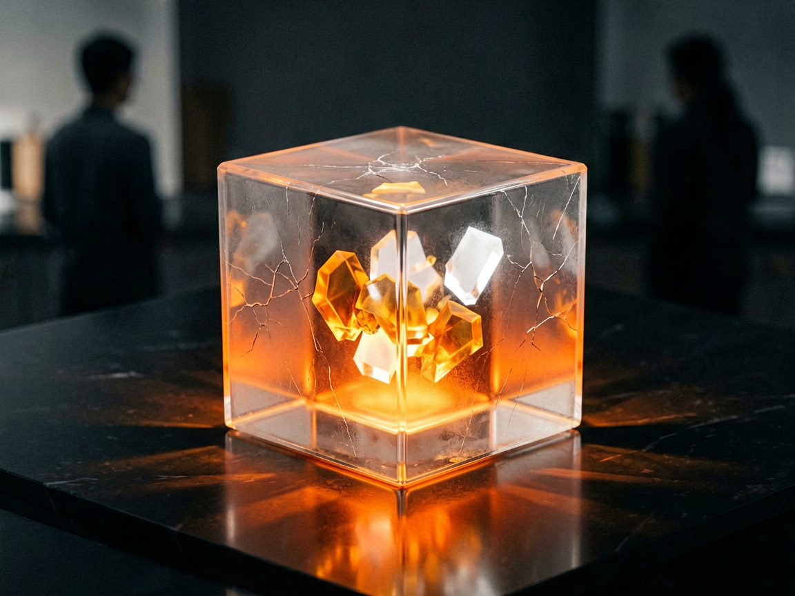 A translucent glass cube containing digital fragments resting on a dark surface, with visible stress fractures and a warm glow emanating from within, symbolizin