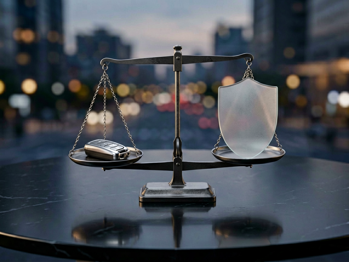 A conceptual editorial image showing a balance scale with a car key on one side and a shield on the other, set against a blurred urban backdrop.