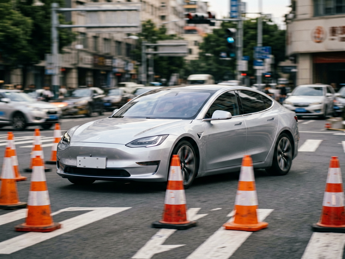 A sleek electric vehicle navigating a complex intersection with construction barriers and blurred motion, emphasizing smooth, intuitive driving paths.