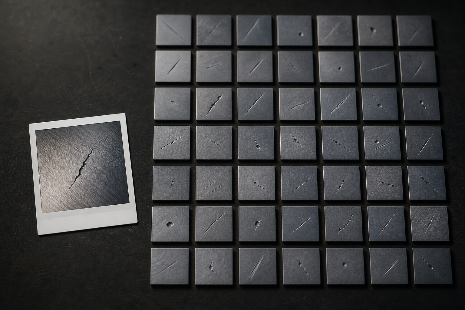 A timeline of metal surface micro-crack images evolving from a few real samples to a wall of generated synthetic defect tiles