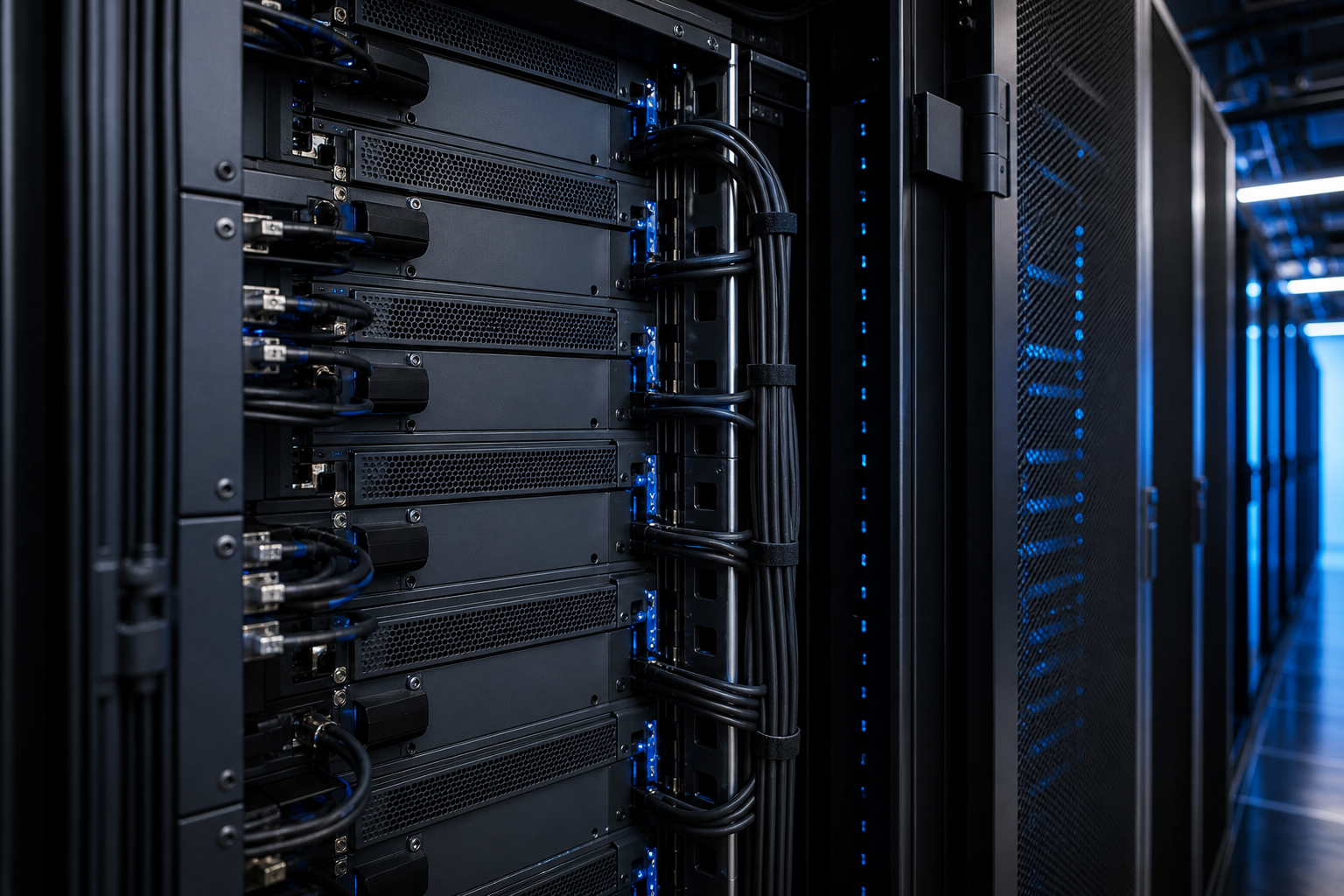A modern, minimalist server rack interior with clean cabling and cool blue lighting, representing high-performance computing infrastructure.