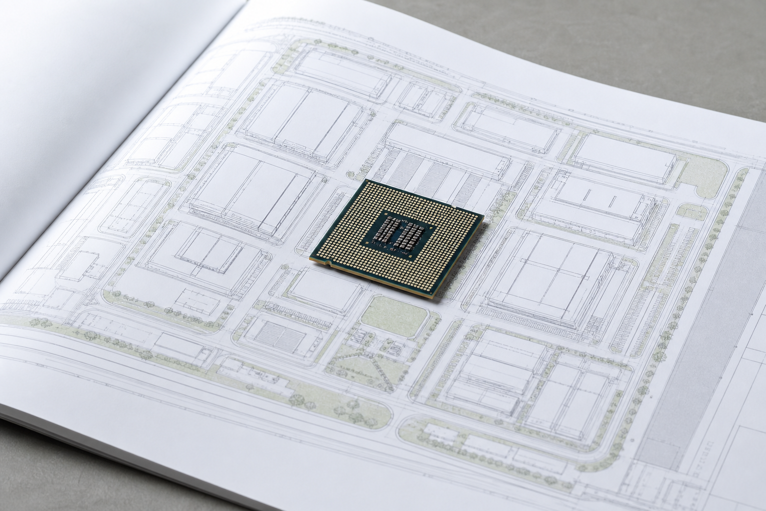 A conceptual editorial image showing a sleek, minimalist AI chip resting on a blueprint of a smart city district, symbolizing the shift from hardware specs to r