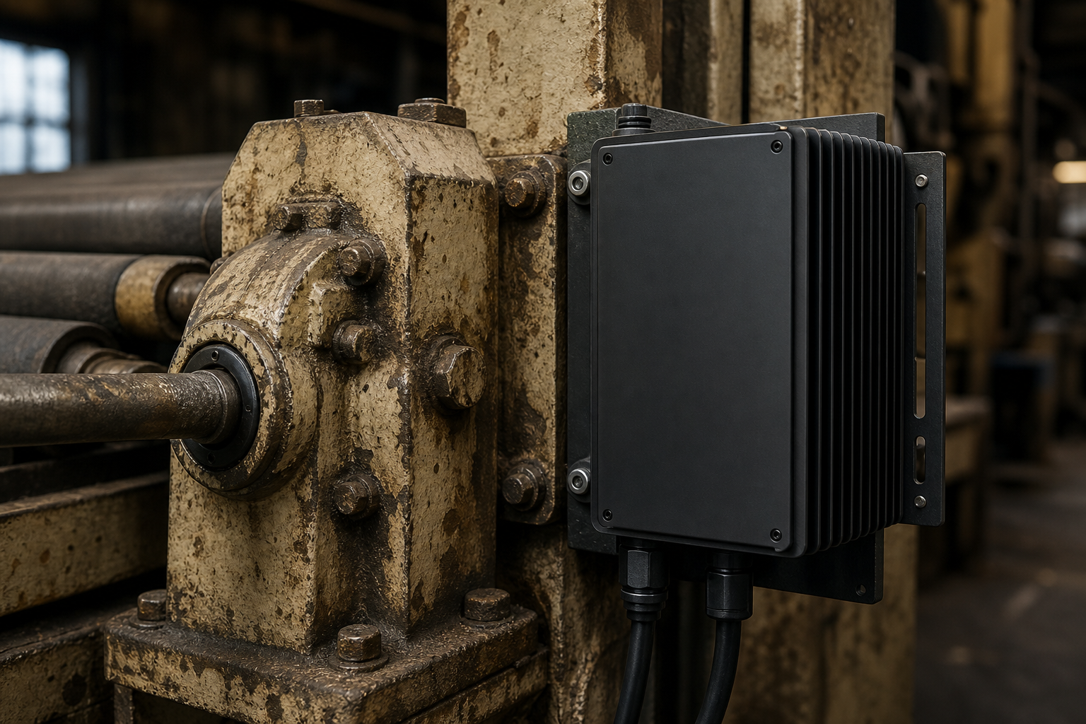 A rugged industrial edge computing box connected to an older factory machine in a workshop