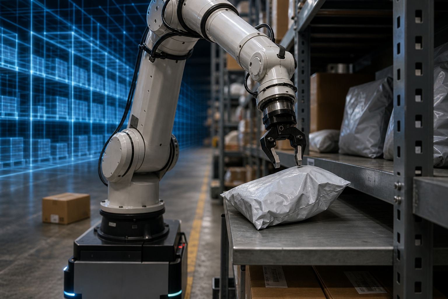 A warehouse robot arm pauses over a crumpled soft package on a metal shelf, with a blurred simulation grid fading behind it.