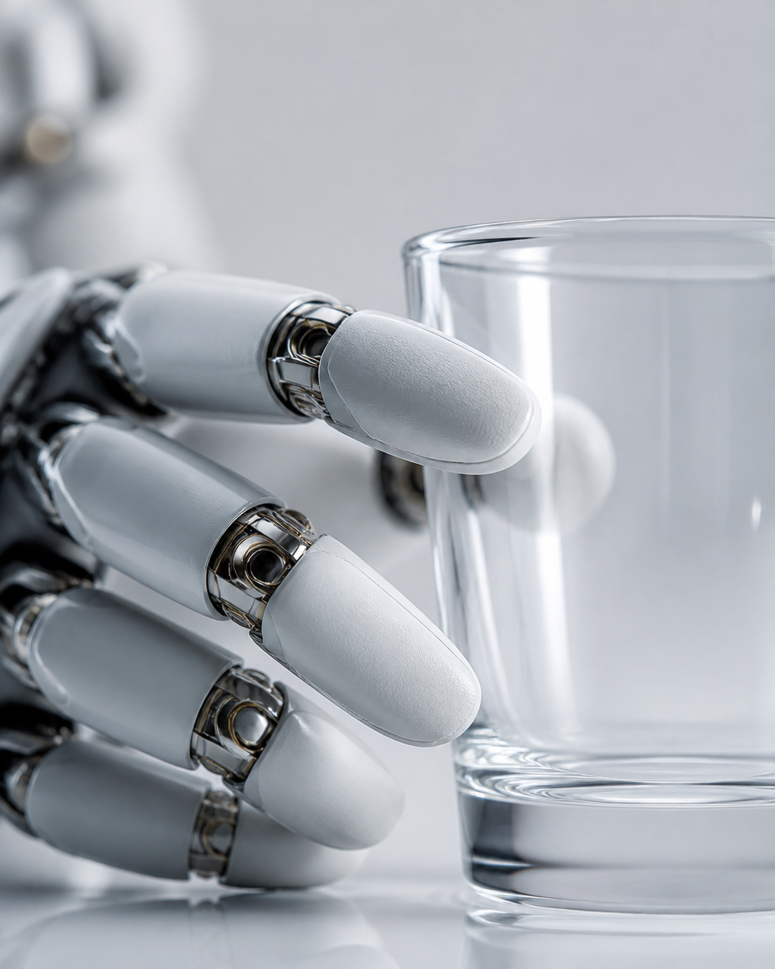 A close-up of a sophisticated robotic hand precisely gripping a transparent glass cup.