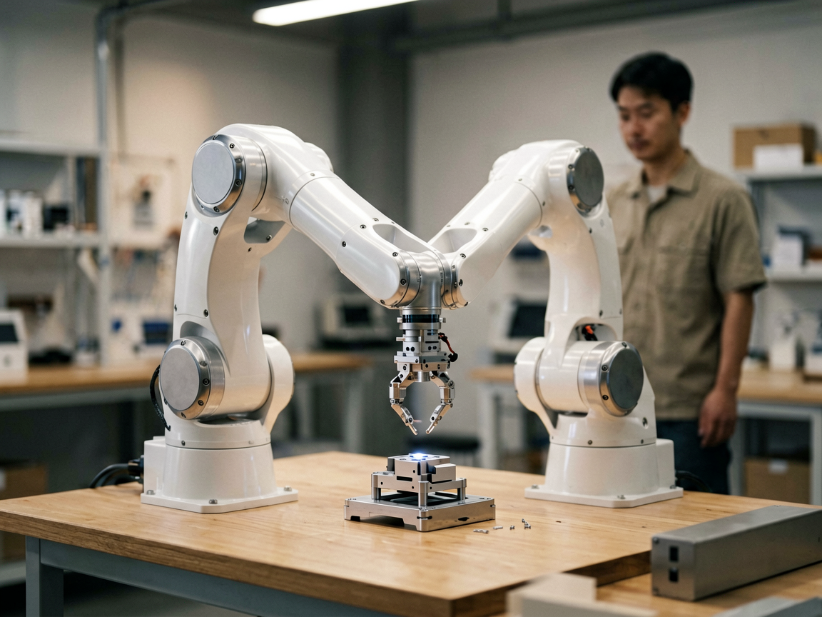 A robotic arm operating in a controlled factory environment alongside a human worker observing.
