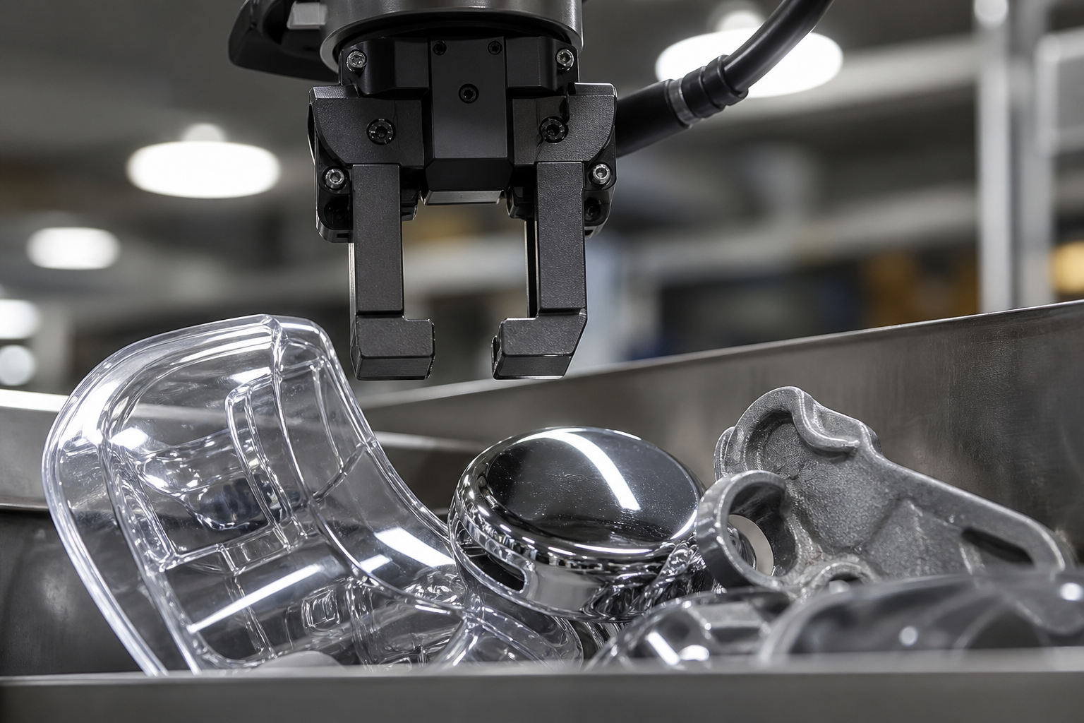 Robotic gripper over a mixed bin of transparent and reflective workpieces on a factory bench.