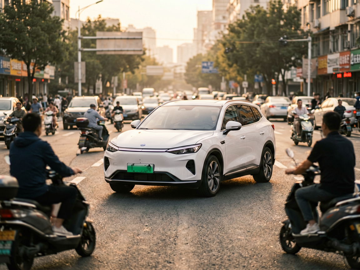 Tesla Model Y navigating a complex, unregulated intersection with mixed traffic