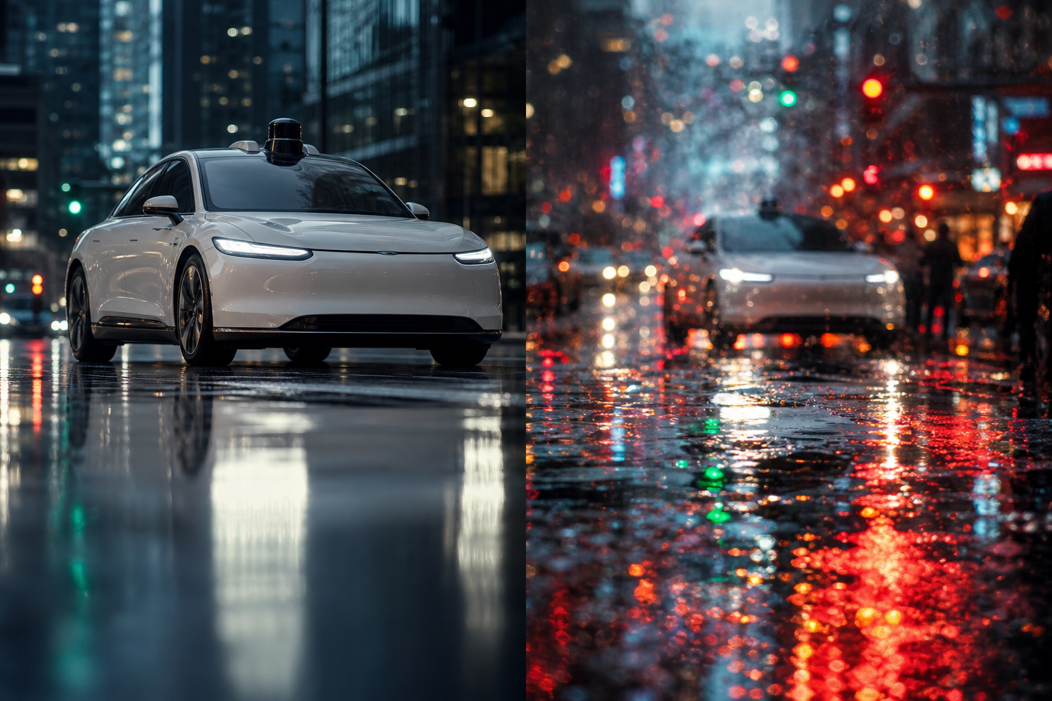 A moody editorial shot of a modern electric vehicle navigating a rain-slicked intersection, emphasizing the reflection on the wet asphalt.