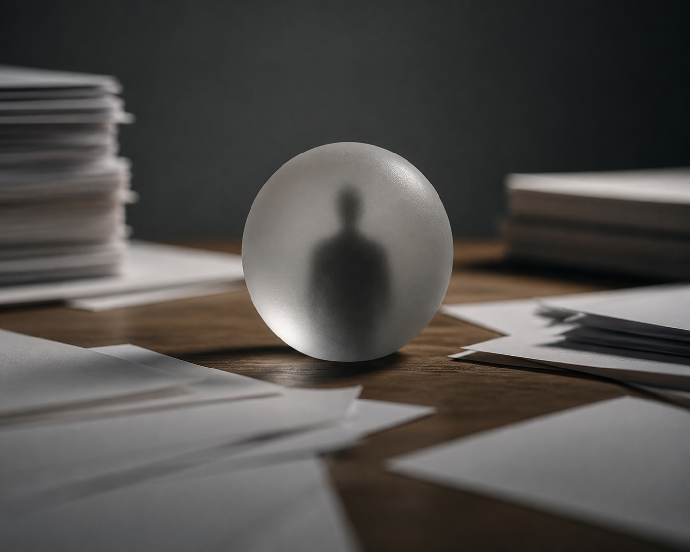 A translucent glass sphere containing a faint, indistinct silhouette, resting on a desk with scattered, blurred papers, symbolizing the opaque nature of AI trai