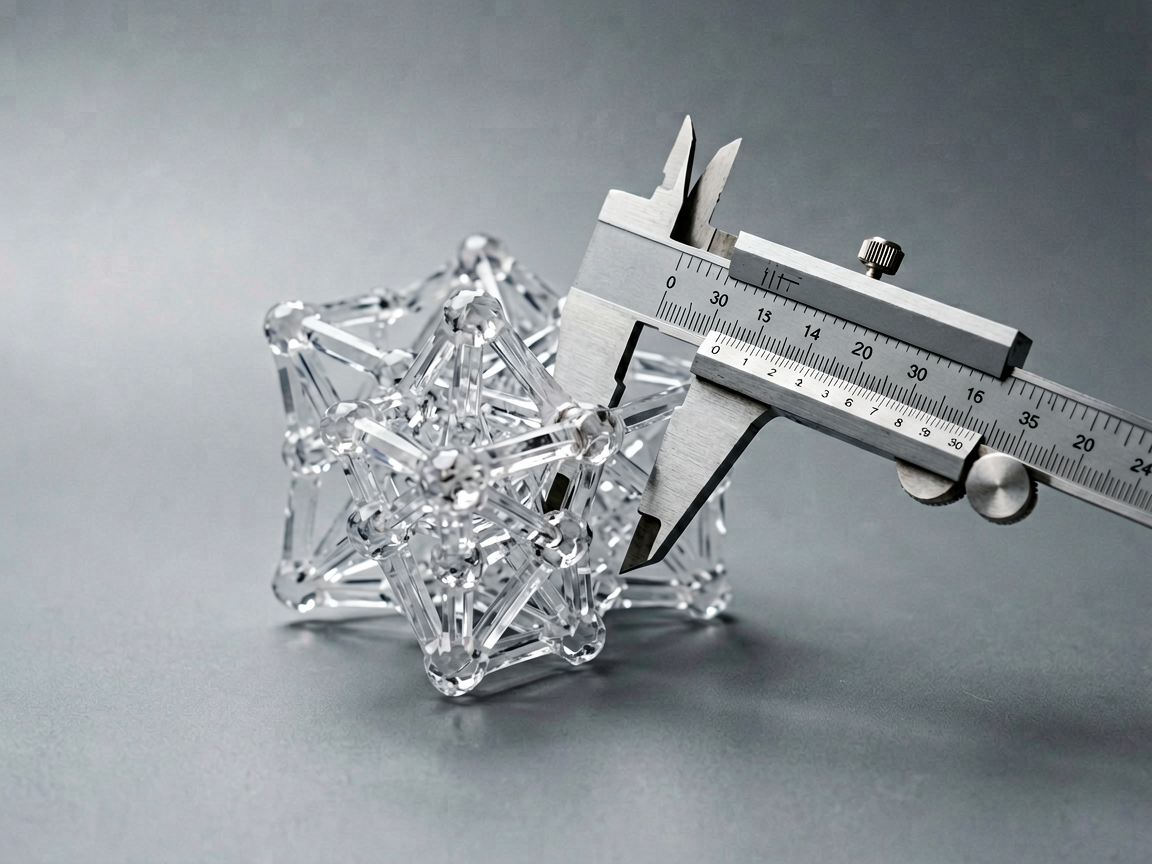 A translucent geometric lattice being measured by a precision metallic caliper on a neutral background.