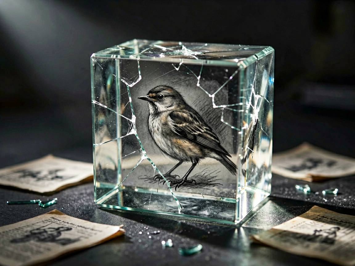 A cracked glass shield protecting a fragile sketch, symbolizing the difficulty of enforcing copyright against AI.