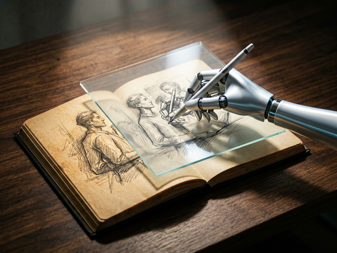 A stylized illustration depicting the tension between human creativity and AI generation in a legal context.