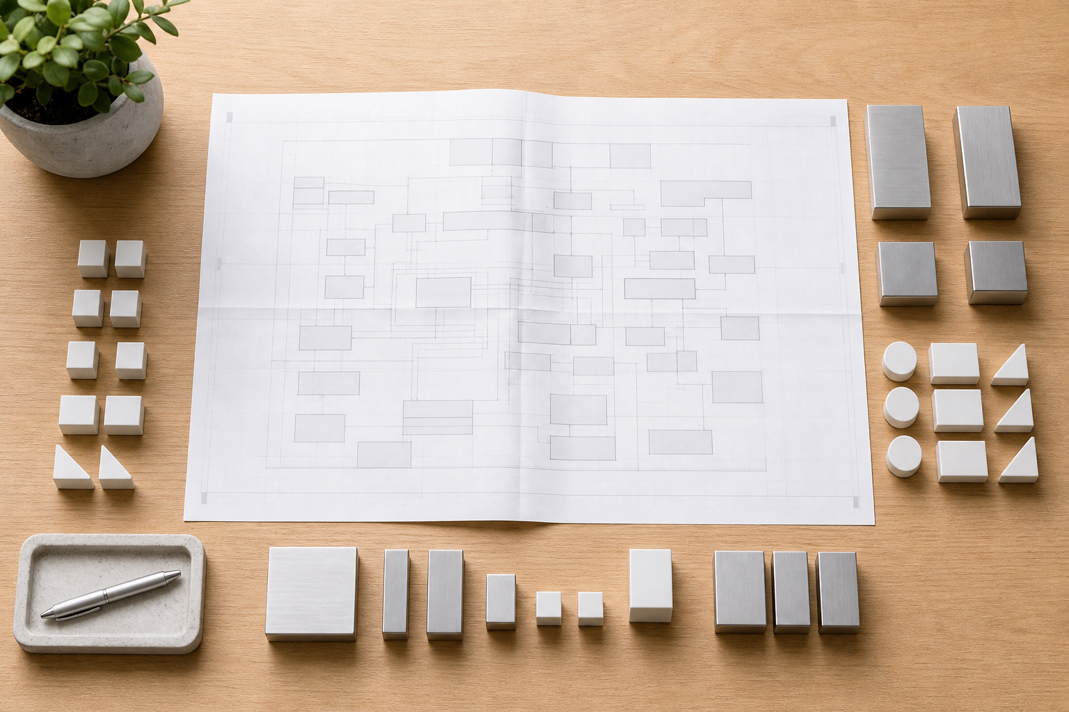 A neatly organized desk with a blueprint and sorted components representing code refactoring