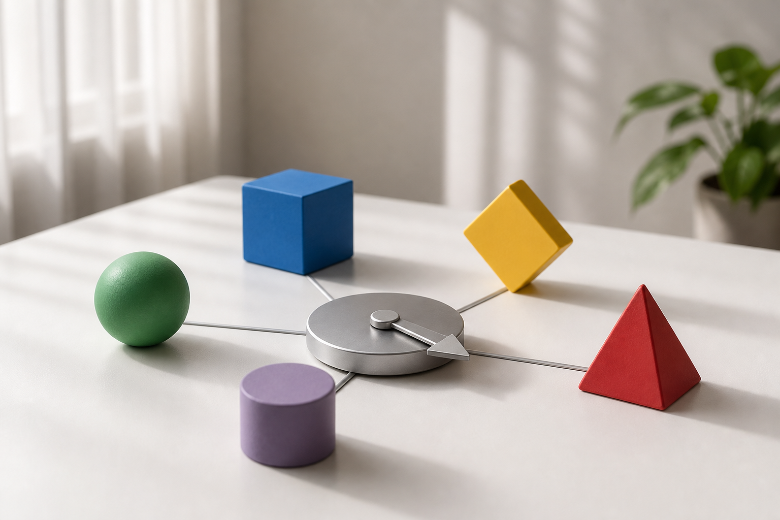 Four colored geometric blocks around a central silver pointer on a desk