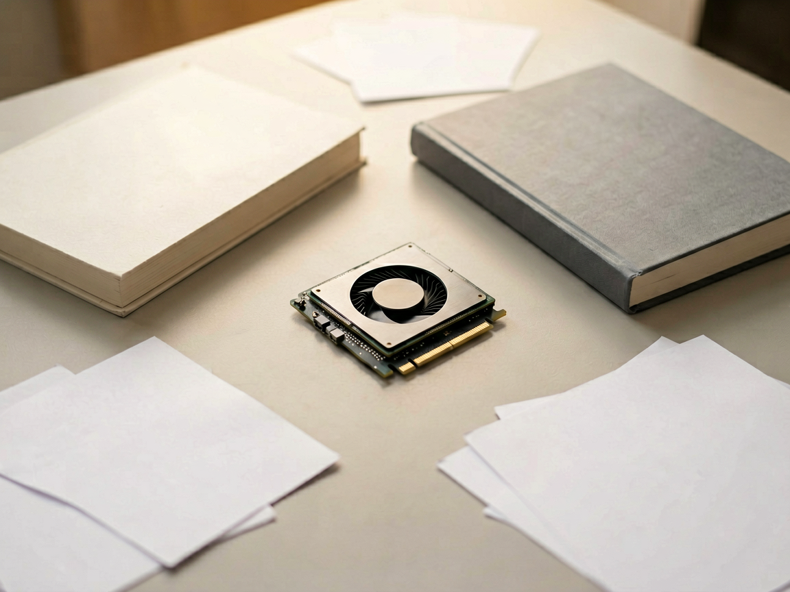 A compact GPU next to a law book on a desk, representing efficient fine-tuning of legal knowledge base.