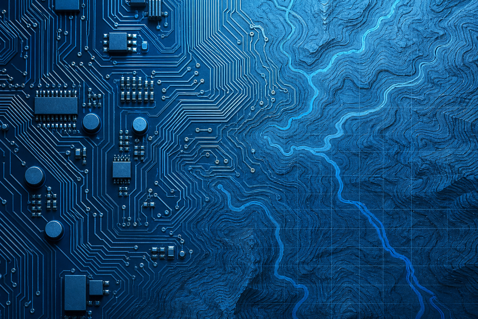 A conceptual editorial image showing synchronized data streams and electrical infrastructure