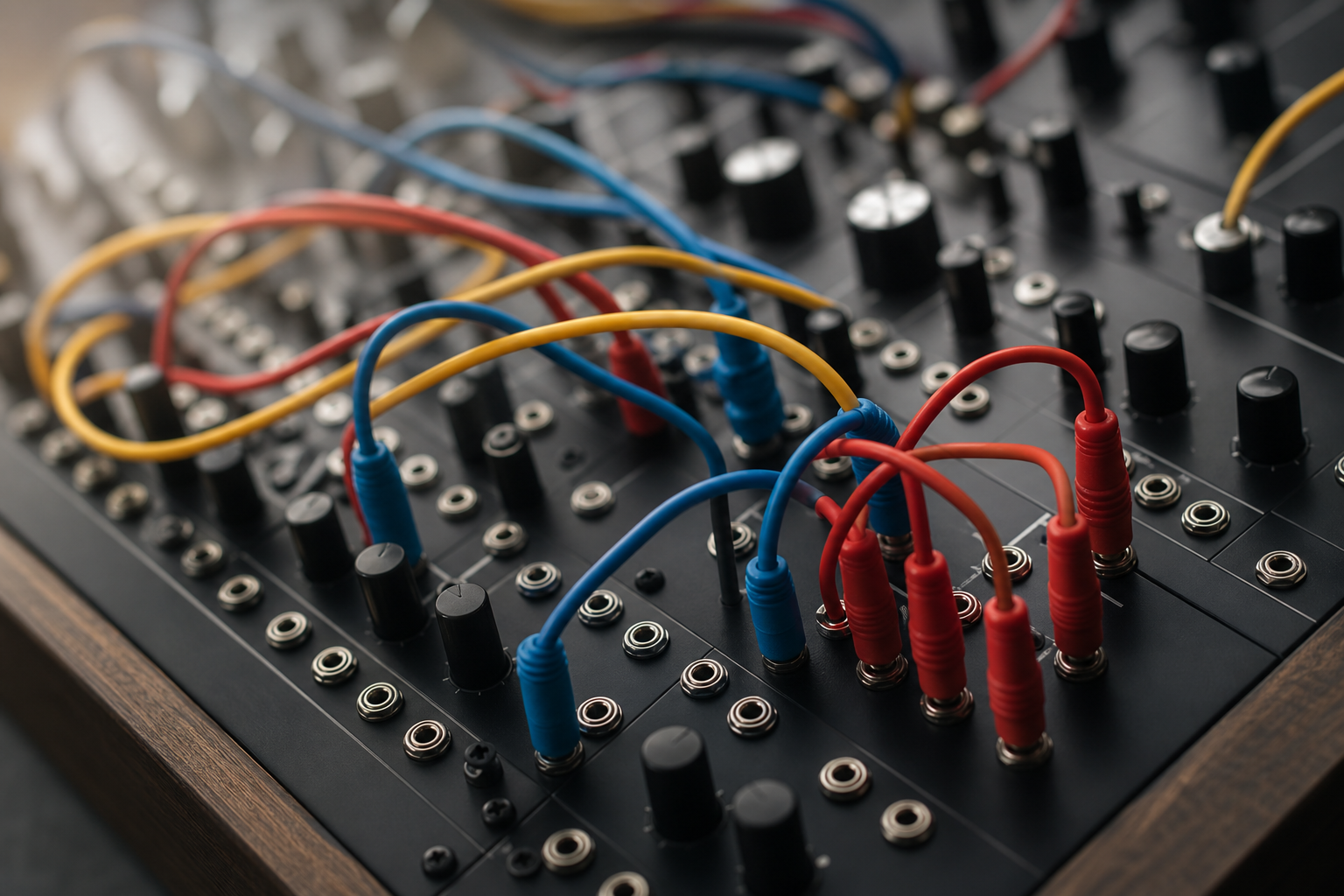 A macro shot of colorful patch cables connecting modules on a professional synthesizer, symbolizing a technical workflow.