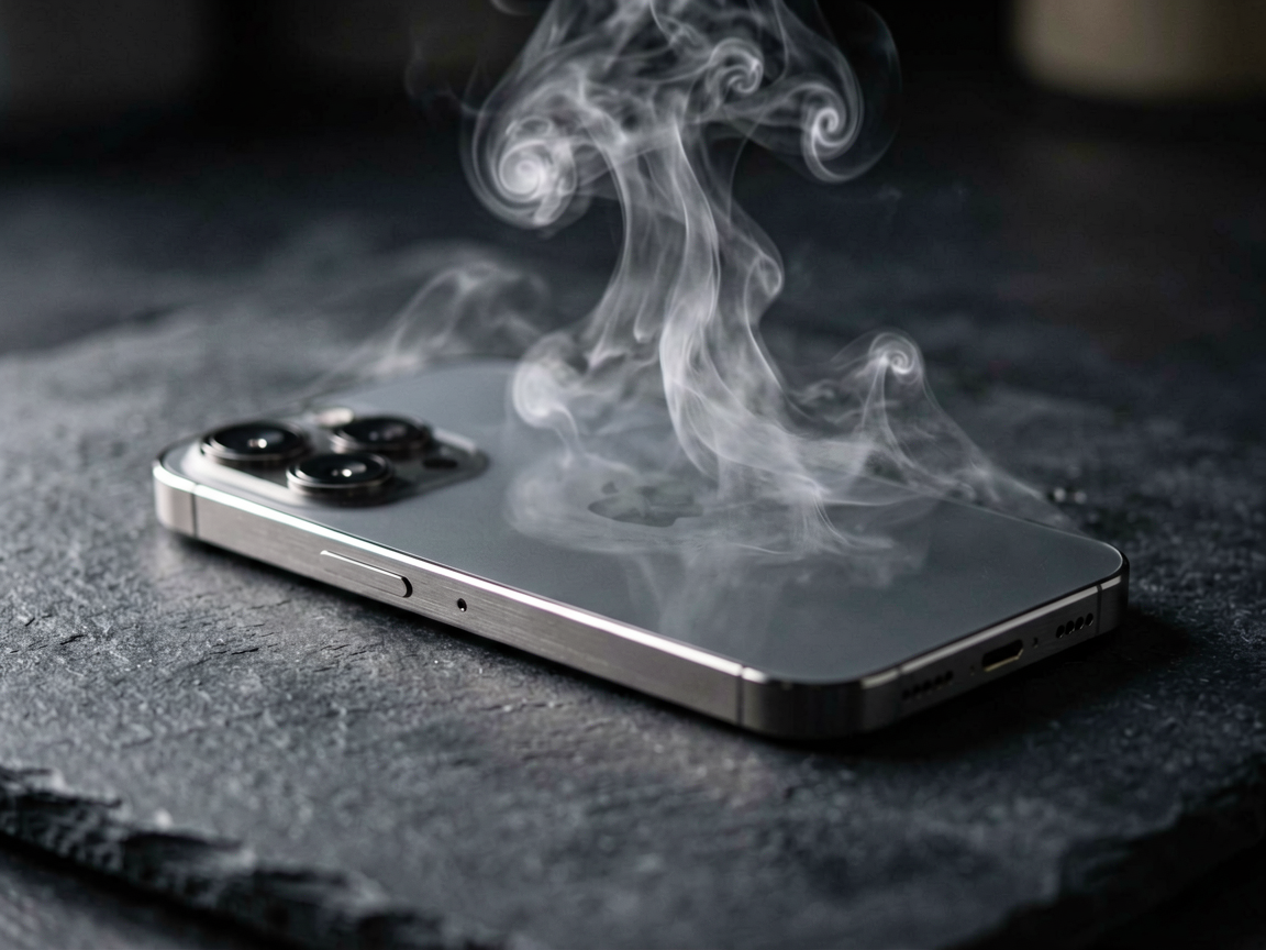 Close-up of a smartphone overheating with steam rising, symbolizing thermal throttling during AI inference