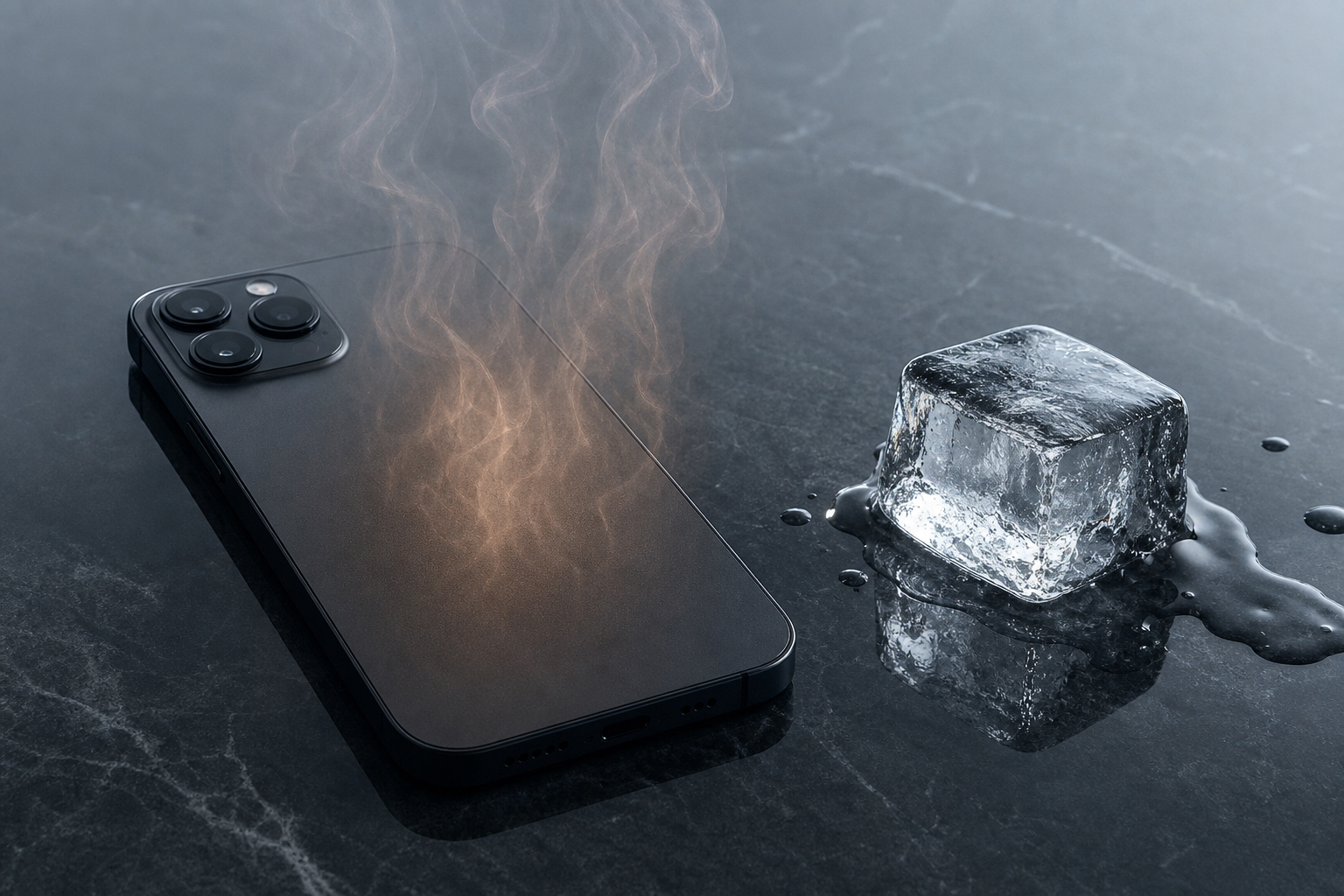 A smartphone emitting subtle heat waves next to a melting ice cube
