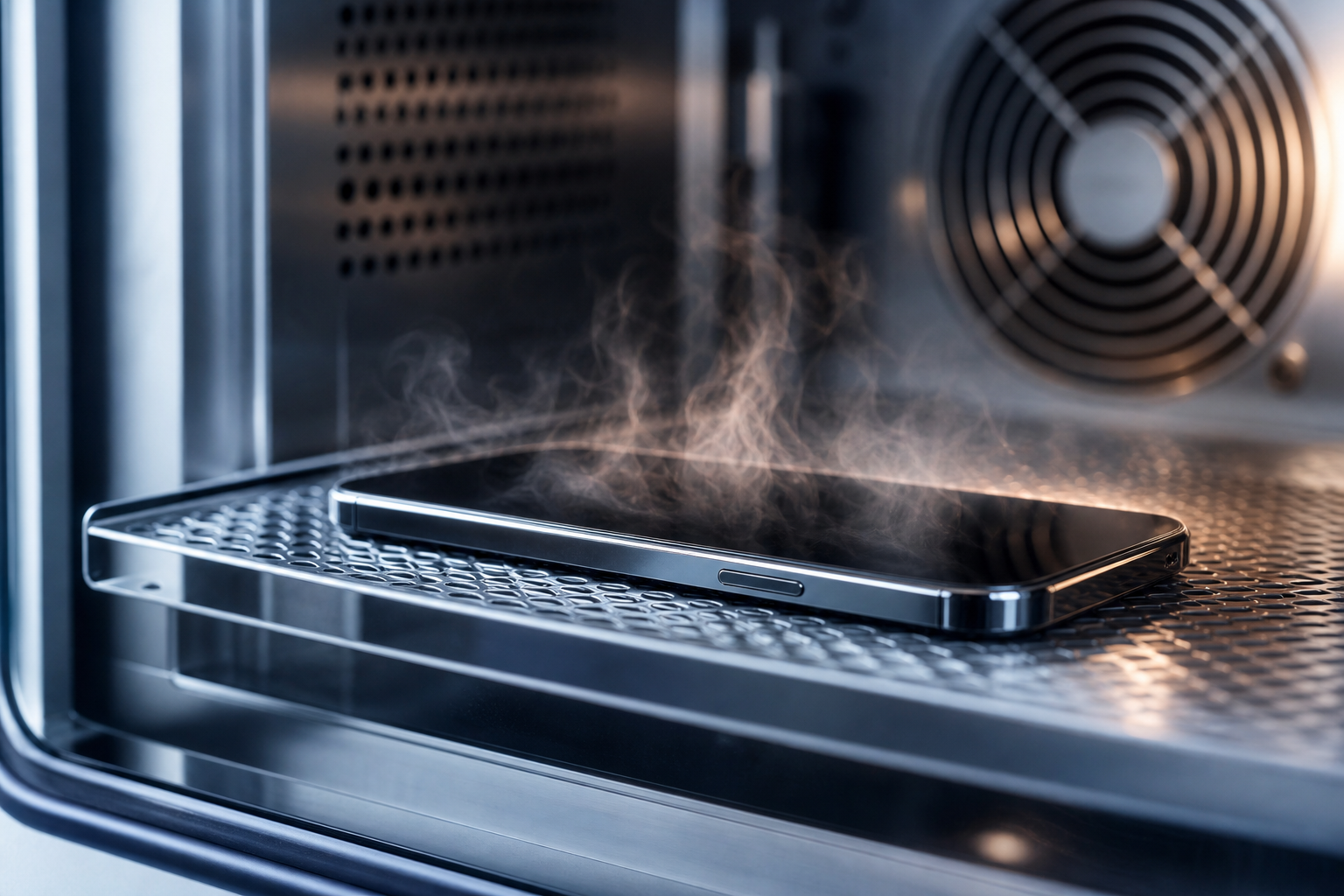 A modern smartphone undergoing a thermal stress test inside a professional laboratory chamber.