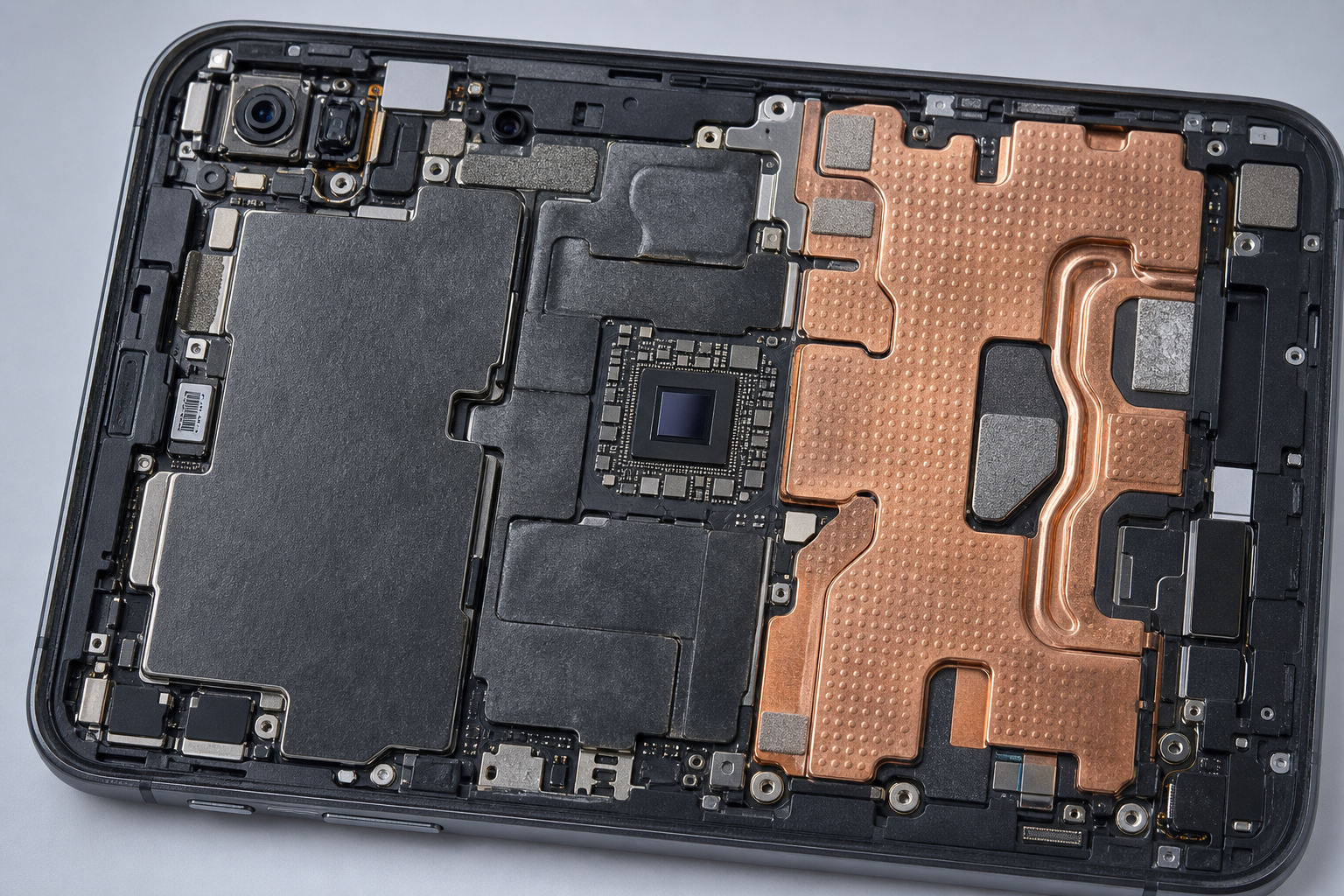 Close-up of a smartphone chassis with visible internal cooling components like vapor chambers and graphene layers