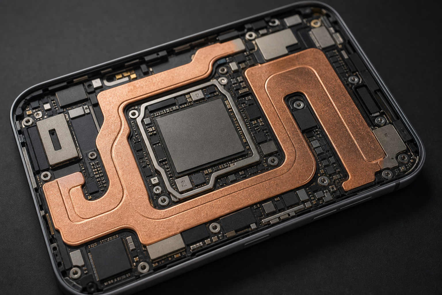 Close-up of a smartphone chassis with visible internal cooling components and thermal gradients