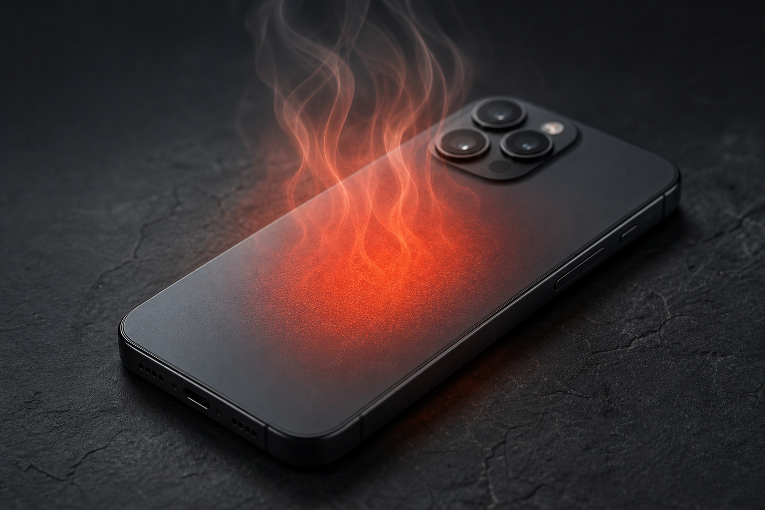 A smartphone overheating with visible heat distortion waves rising from its surface