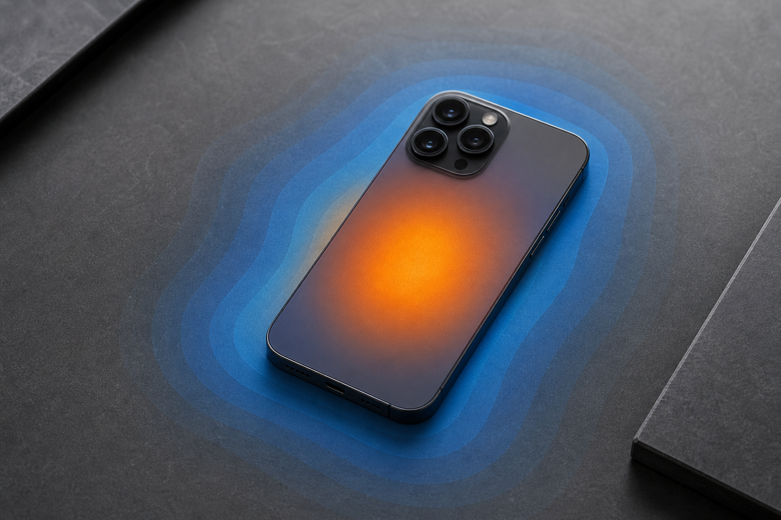 A close-up editorial shot of a smartphone lying next to a thermal imaging overlay visualization, symbolizing heat management and performance testing.