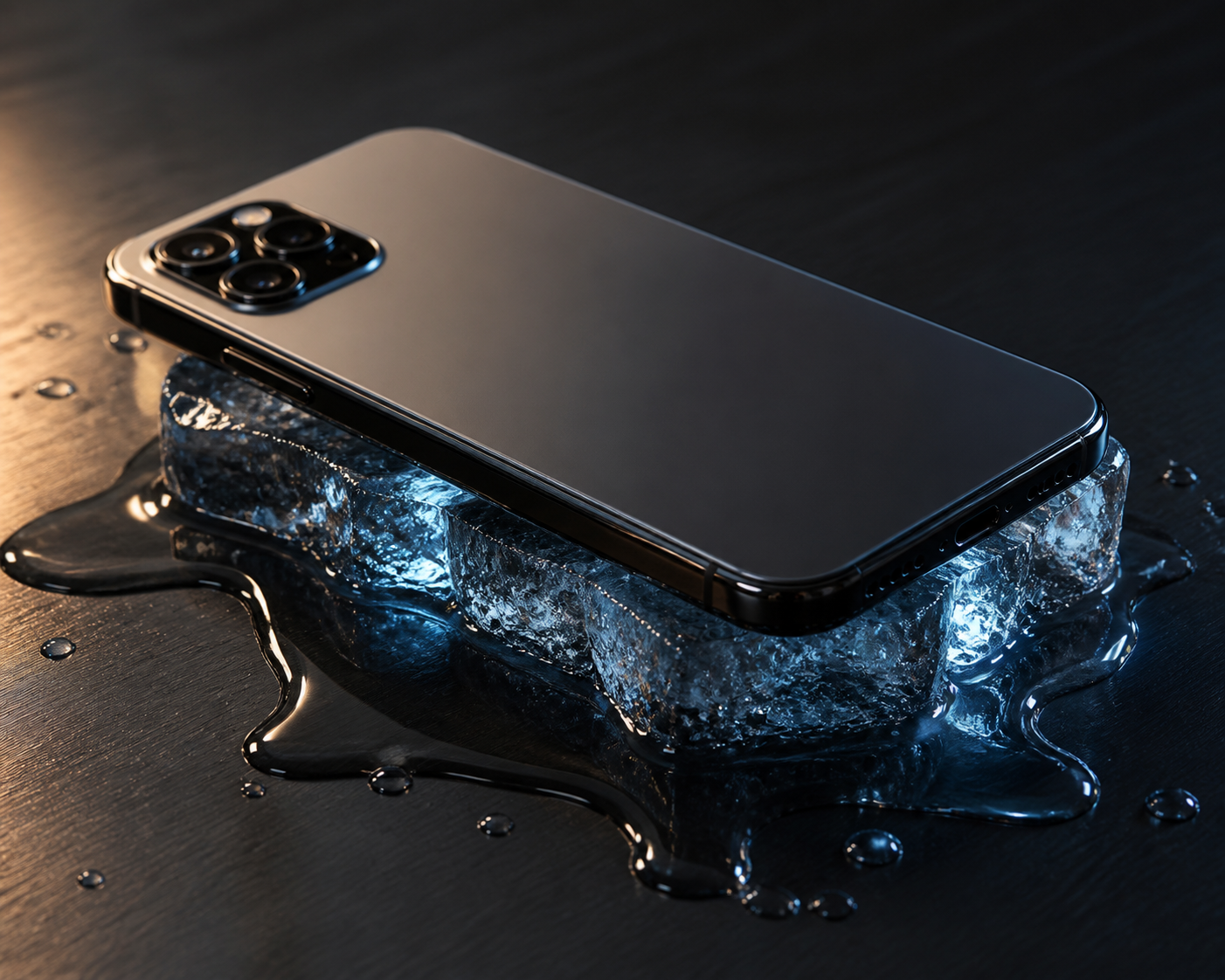 Editorial photo of a slim smartphone on a dark surface with a melting ice cube beneath it, symbolizing hidden thermal costs of on-device AI.