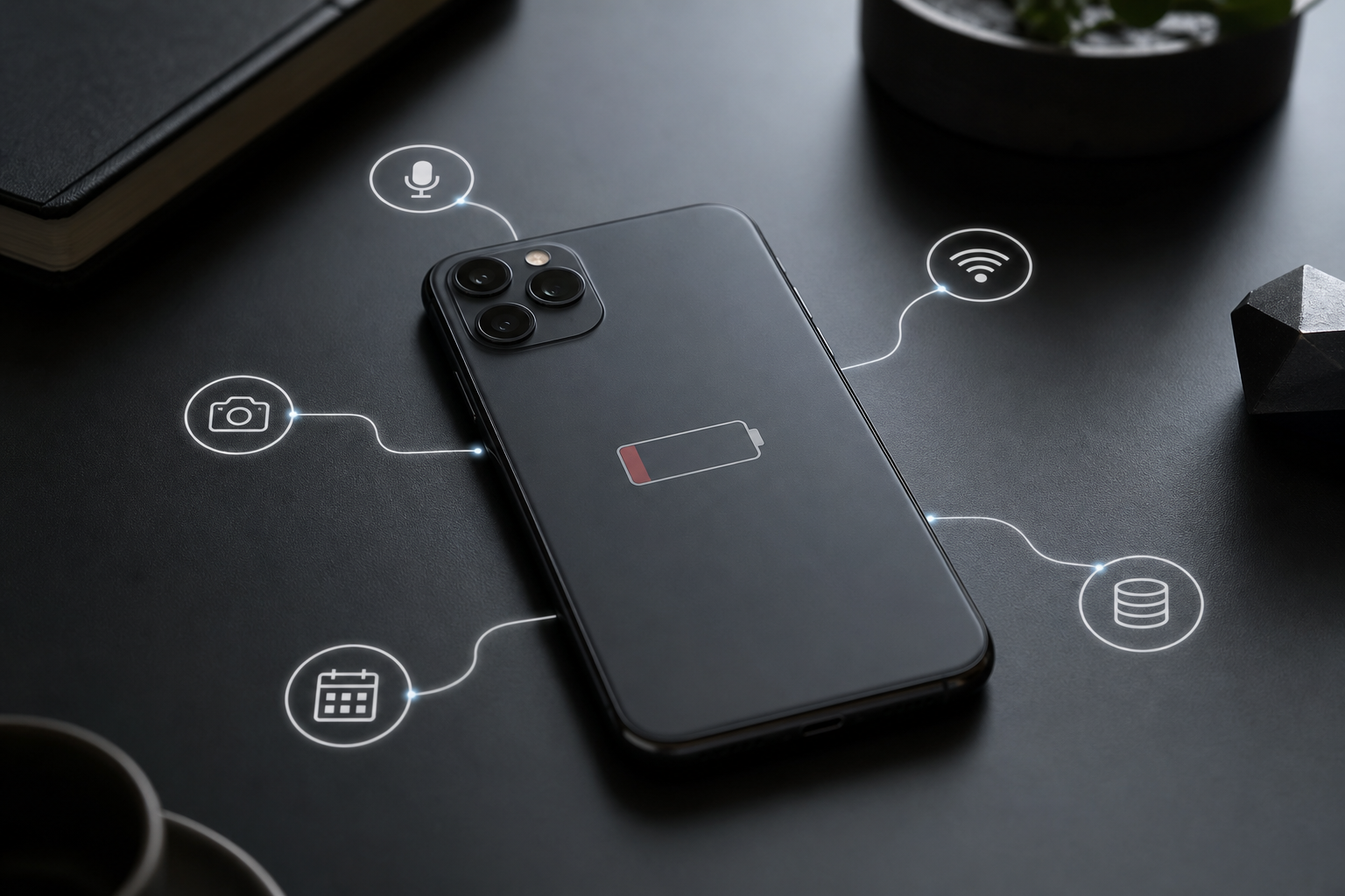 Editorial illustration of a smartphone resting on a desk with a fading battery indicator, surrounded by small abstract icons representing microphones, cameras, 