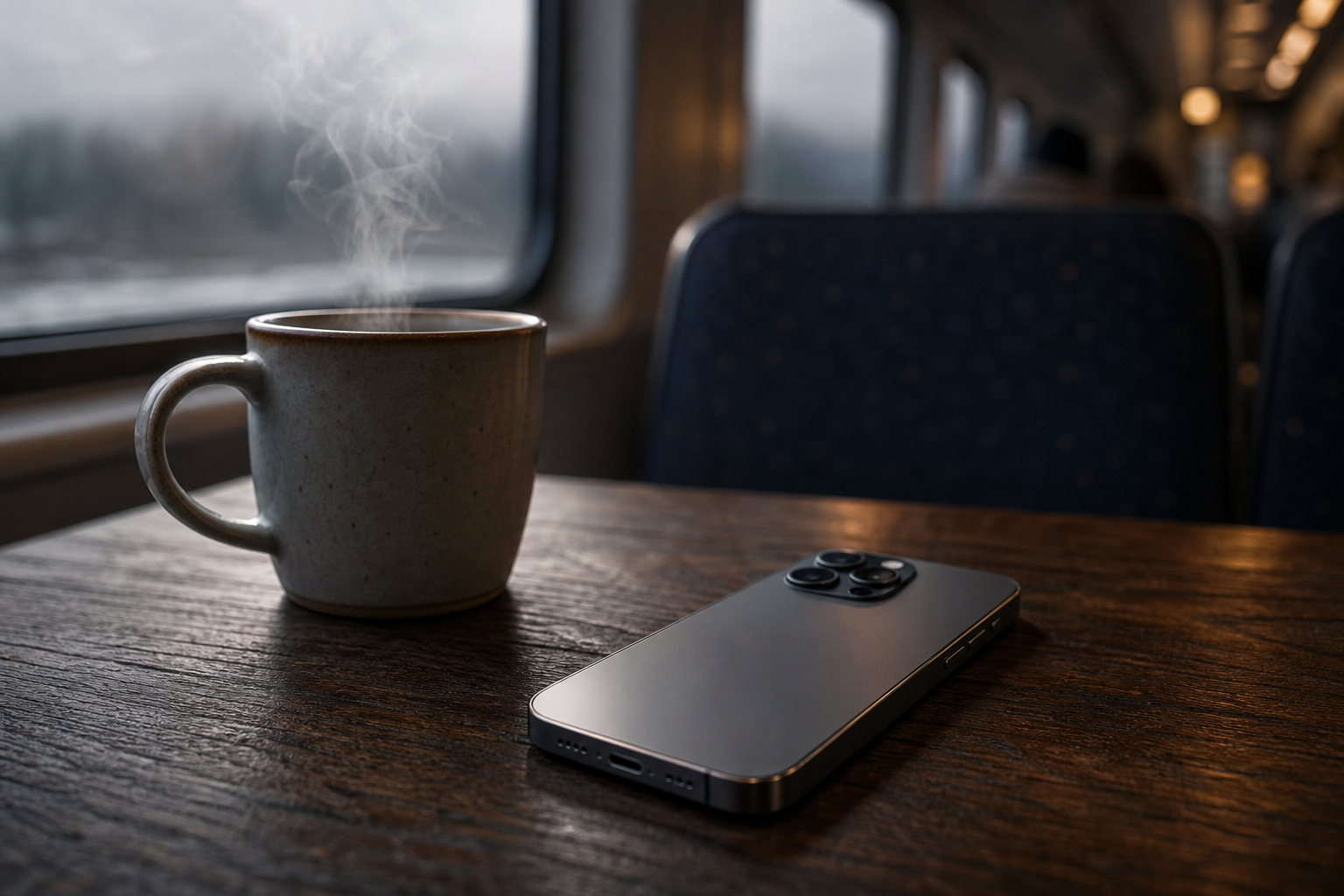 A sleek smartphone resting on a wooden desk next to a steaming cup of coffee in a dimly lit subway car